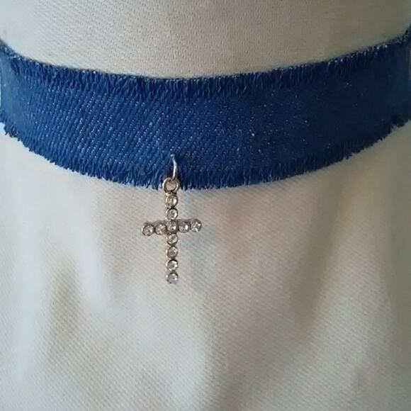 DENIM Choker Crystal Cross Pendent Med Blue Necklace Boho Punk Religious Christ - Picture 4 of 5